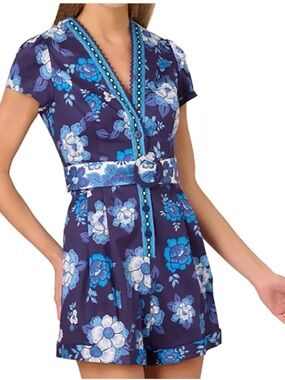 NWT Adrianna by Adrianna Papell Floral-Print Belted Romper Blue Multi Sz 12